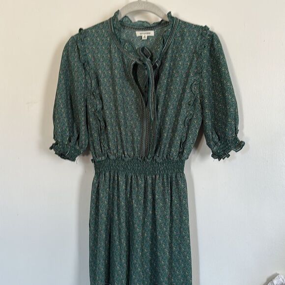 Max Studio Green Floral Print Tie-Neck Smocked Waist Maxi Dress Size M - Picture 3 of 10